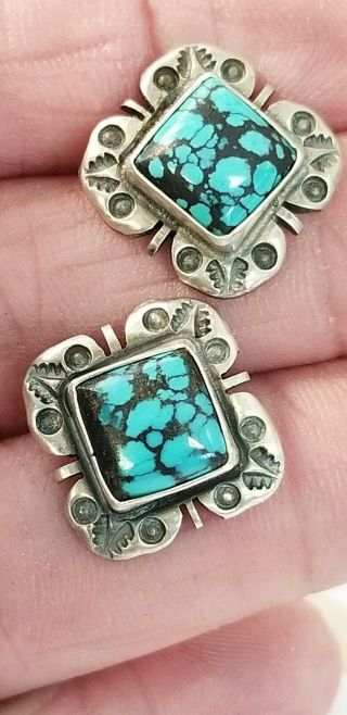VINTAGE NAVAJO STERLING SILVER SPIDER WEB TURQUOISE EARRINGS SIGNED S/ 5
