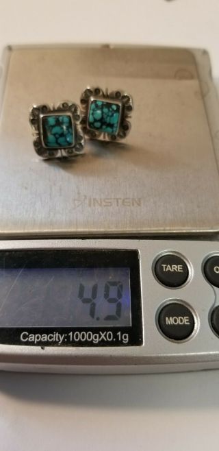 VINTAGE NAVAJO STERLING SILVER SPIDER WEB TURQUOISE EARRINGS SIGNED S/ 7