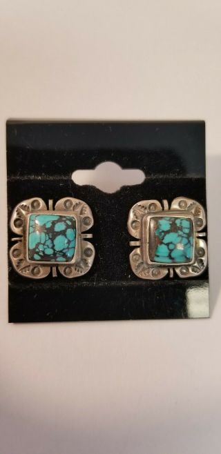 VINTAGE NAVAJO STERLING SILVER SPIDER WEB TURQUOISE EARRINGS SIGNED S/ 8
