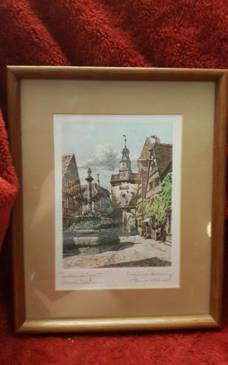 Fine Vintage Hand Colored Etching Rothenburg Artist Signed Framed
