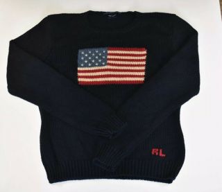 Vintage Ralph Lauren Sport Navy Cotton Sweater With American Flag Size L