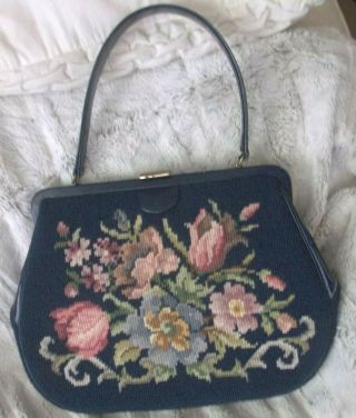 Blue Pink Needlepoint Rose Floral Handbag Vintage Pocket Book Purse