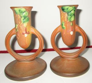 Vintage Roseville Art Pottery Usa Fuchsia Brown Candlesticks 1133 - 5 "