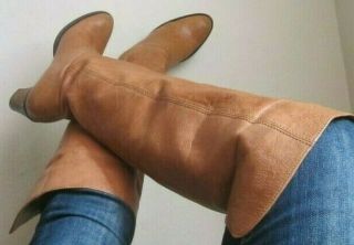 Vintage Designer Tan Leather - Over - The - Knee Pull On Heel Boots 8.  5 /9 M