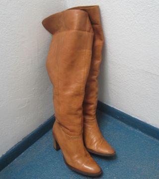 Vintage Designer TAN LEATHER - Over - the - Knee Pull On Heel Boots 8.  5 /9 M 3