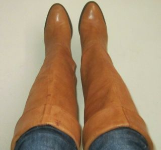 Vintage Designer TAN LEATHER - Over - the - Knee Pull On Heel Boots 8.  5 /9 M 4