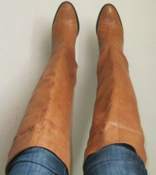 Vintage Designer TAN LEATHER - Over - the - Knee Pull On Heel Boots 8.  5 /9 M 5
