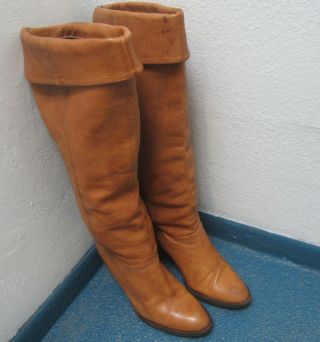 Vintage Designer TAN LEATHER - Over - the - Knee Pull On Heel Boots 8.  5 /9 M 6