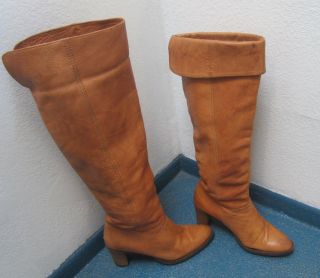 Vintage Designer TAN LEATHER - Over - the - Knee Pull On Heel Boots 8.  5 /9 M 7