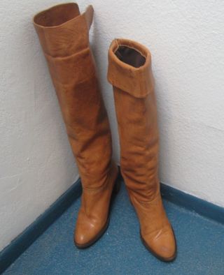 Vintage Designer TAN LEATHER - Over - the - Knee Pull On Heel Boots 8.  5 /9 M 8
