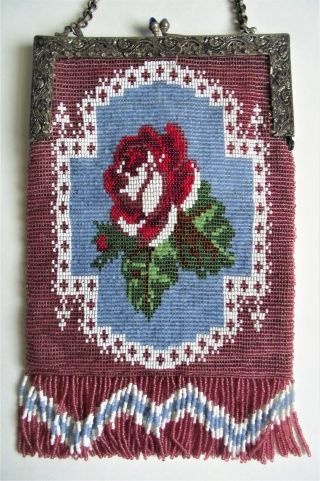 Antique Micro Bead Rose Floral Purse Silver Filigree Frame Victorian Handbag Bag