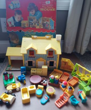 Vintage Fisher Price Little People Play Family Yellow & Blue House Box Kitchen