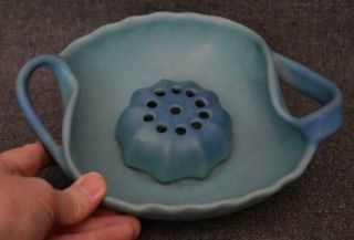 Lovely Ming Blue Turquoise Vintage Van Briggle Console Bowl With Flower Frog