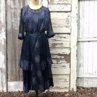 Navy Blue Silk Late Edwardian Dress Early 20s Tiered Skirt W Glass Bead Detail M