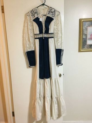 Vintage Gunne Sax Prairie/wedding/victorian Style Dress Velveteen Navy Trim