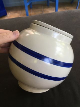 Vintage Rrpco Robinson Ransbottom Stoneware Blue Stripe Tilted Ball Cookie Jar