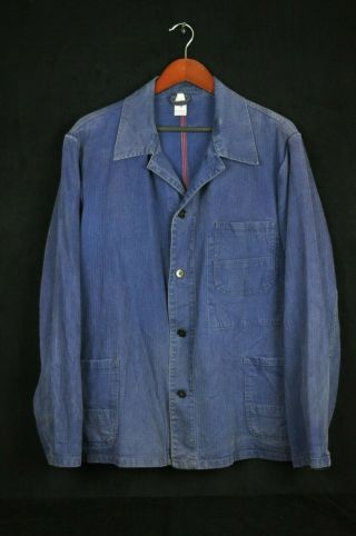 Vintage Indigo Blue Herringbone Chore Factory Coat 44/xl French Work Wear Rrl