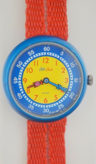 Vintage 1987 Kids Flik Flak Swiss Quartz Red Blue Yellow Watch By Swatch