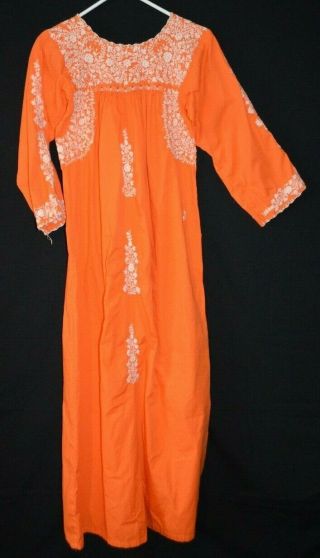 Vtg 70s Orange Long Sleeve Oaxacan Mexican Ethnic Festival Boho Hippie Dress - S