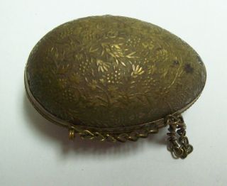 Vintage Sewing Thimble Case Holder - Embossed Brass ? Egg Shaped