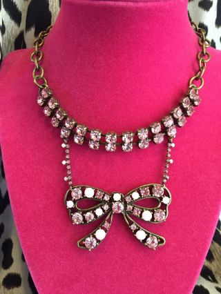 Betsey Johnson Vintage Pink Crystal Antique Bow Huge Choker Necklace Very Rare