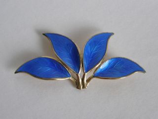 Vintage Norwegian David Andersen Blue Enamel Gilt Sterling Silver Leaf Brooch