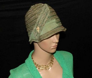 Orig Vtg Roaring 20s Art Deco Flapper Dress Green Straw W Trim Cloche Dress Hat