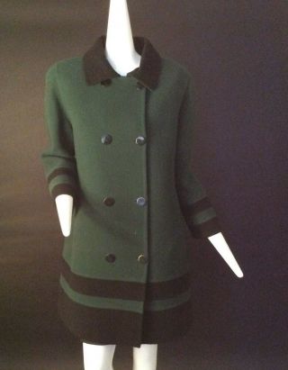 Bill Blass - 1990s Green & Black Wool Double Breasted Coat,  Size 10
