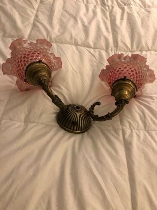 Gorgeous Rare Vintage Electric Wall Sconce.  2 Fenton Cranberry Opalescent Shades