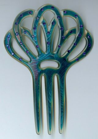 Vintage Art Deco Blue Celluloid Rhinestone Hair Comb Ornament