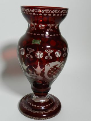 Vintage Large 12.  5 " Egermann Ruby Cut To Clear Birds,  Deer & Castle Vase Vt2575