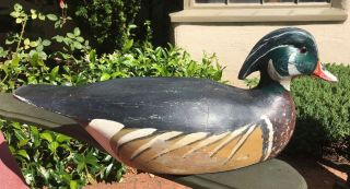 Vintage Solid Wood Carved Painted Primitive Duck Decoy With Glass Eyes,  17 - 1/2 "
