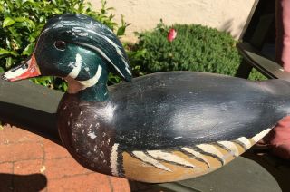 Vintage solid wood carved painted primitive duck decoy with glass eyes,  17 - 1/2 