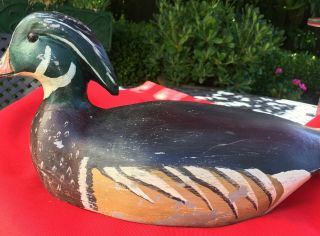 Vintage solid wood carved painted primitive duck decoy with glass eyes,  17 - 1/2 