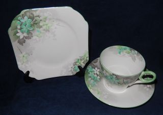 Vintage Shelley Green Blossoms Trio № 12575 Teacup Saucer & Tea Plate
