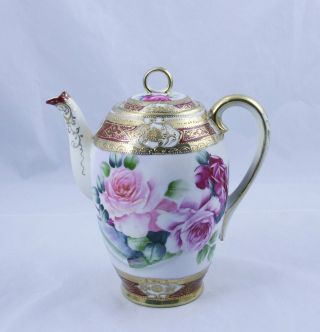 Vintage Coffee Chocolate Pot Hand Painted Roses Japan 8 " By 7.  5 "