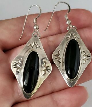 Vintage Native American Sterling Silver And Onix Large Dangle Earrings