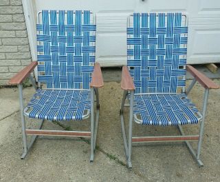 Vintage Aluminum Folding Webbed Lawn Rocking Chair Rocker Blue White