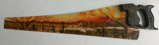 Vintage Hand Saw With Folk Art Hand Painted Fall Country Farm Scene Signed