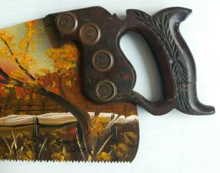 Vintage Hand Saw with Folk Art Hand Painted Fall Country Farm Scene Signed 2