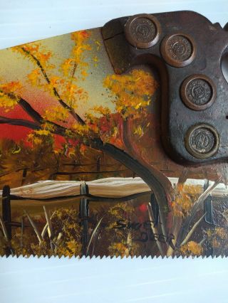 Vintage Hand Saw with Folk Art Hand Painted Fall Country Farm Scene Signed 3