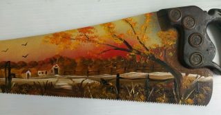 Vintage Hand Saw with Folk Art Hand Painted Fall Country Farm Scene Signed 5