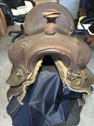 Old Vintage Brown Tooled Leather Western Cowboy Horse Saddle Seat