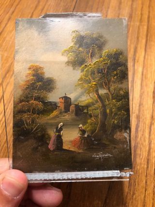 Vintage Miniature Oil Painting on Copper in Gold Signed Van Tyron? 3