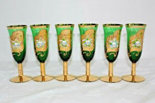 Vintage Murano Venetian Emerald Green Cordial Glasses Raised Porcelain Flowers