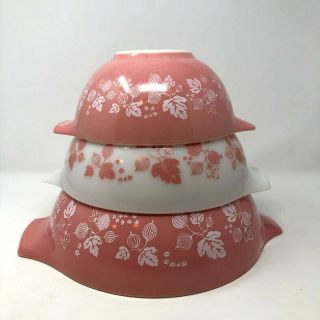 Vintage Pyrex Pink Gooseberry Nesting Bowls 444 443 442 Set Of 3