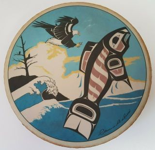 Vintage Clarence A Wells Hand Drum Bald Eagle Fish Pacific Northwest Signed