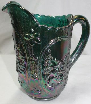 Rare Vintage Green Carnival Glass Windmill Pitcher
