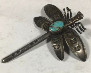 Vintage Sterling Silver Navajo Made Dragon Fly Brooch With Turquoise Cabochon