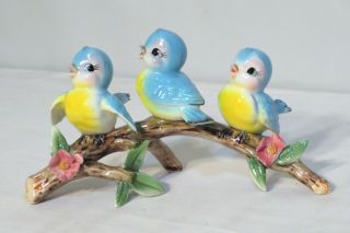 Vintage Norcrest Lefton Japan 3 Anthropomorphic Blue Birds Sitting On A Branch